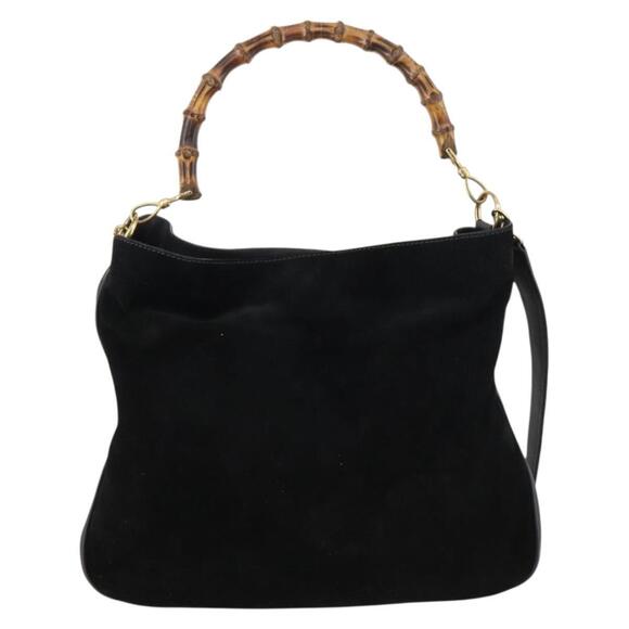 GUCCI Bamboo Shoulder Bag Suede 2way Black Gold 001 1577 Auth 144229 - Picture 2 of 16